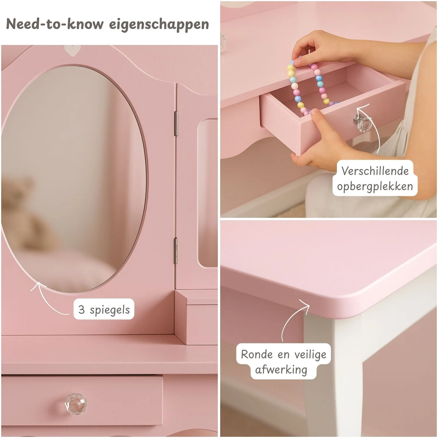 Maxx Kidz - Houten Kaptafel - Roze - Afbeelding 3