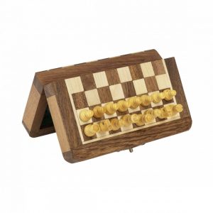 Mini magnetisch reis schaakspel hout – 12 x 12 cm