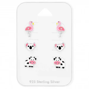 Zilveren kinderoorbellen - Flamingo/panda/koe