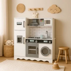 Houten speelkeuken inclusief wasmachine en werkende kraan - Wit