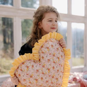 Double-sided heart piloow with a yellow frill in checkered