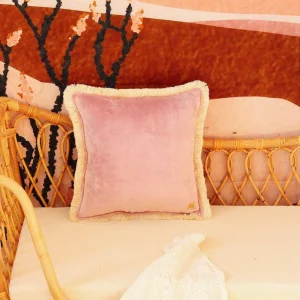"Light pink" soft velvet pillow with fringe